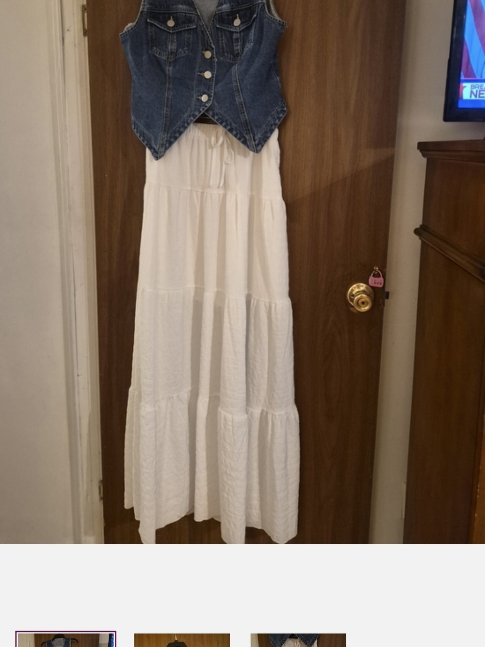 White Tiered Maxi Skirt With Blue Denim Vest